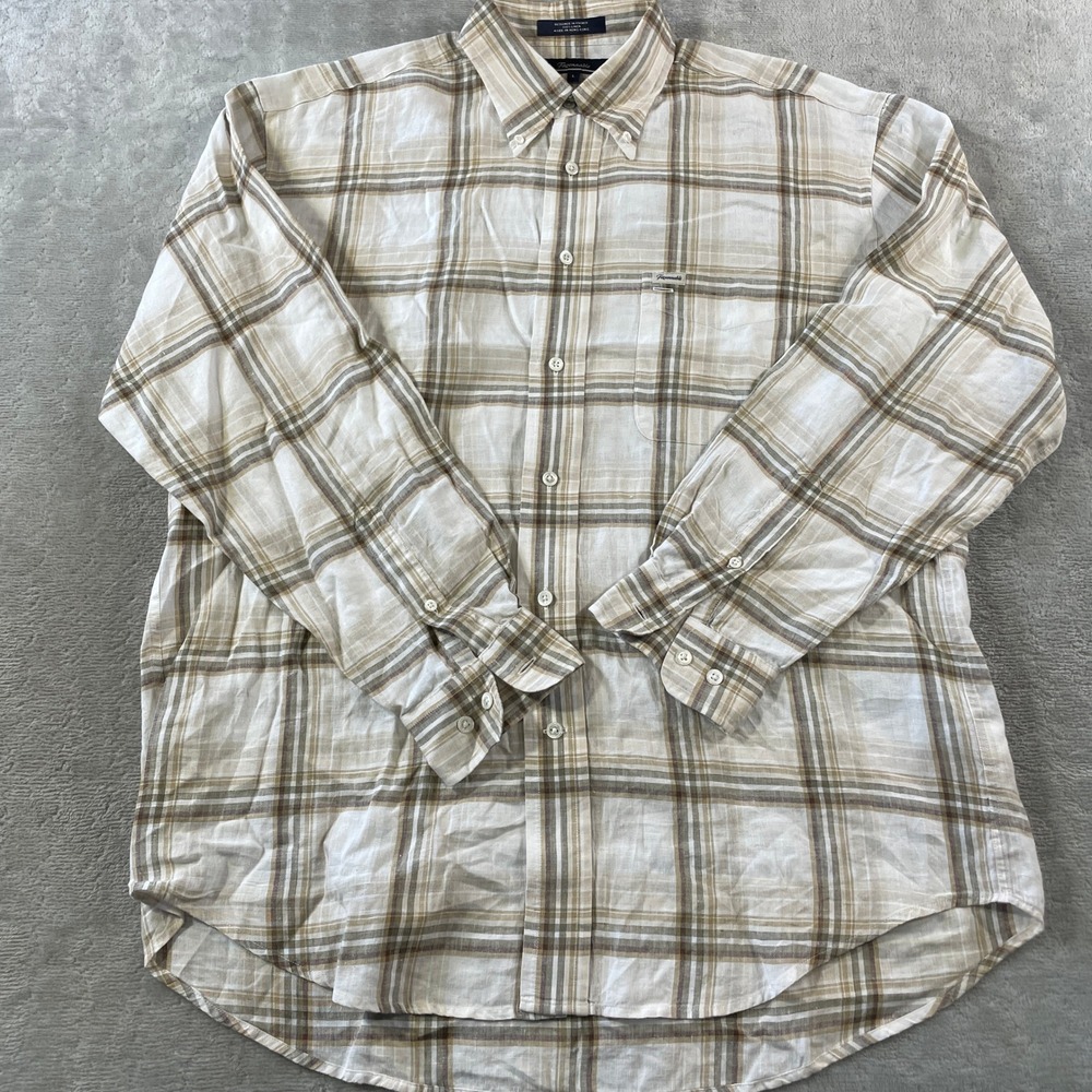 Faconnable Linen Shirt Mens Large Plaid Tan Summer Resort Beach Casual Light